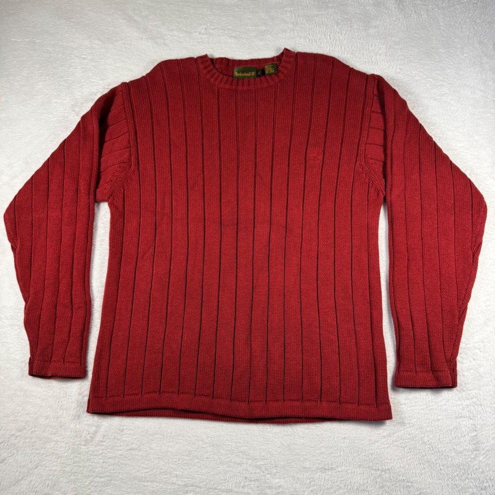 Timberland Ribbed Sweater Mens XL Red Long Sleeve Pullover Embroidered Logo
